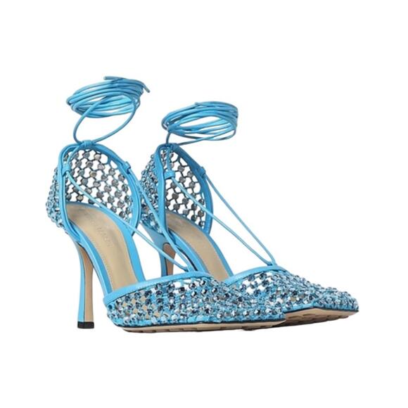 Bottega Veneta Mesh Crystal Embellished Sparkle  Ankle Tie Heels NEW EU 36.5 - Picture 1 of 9